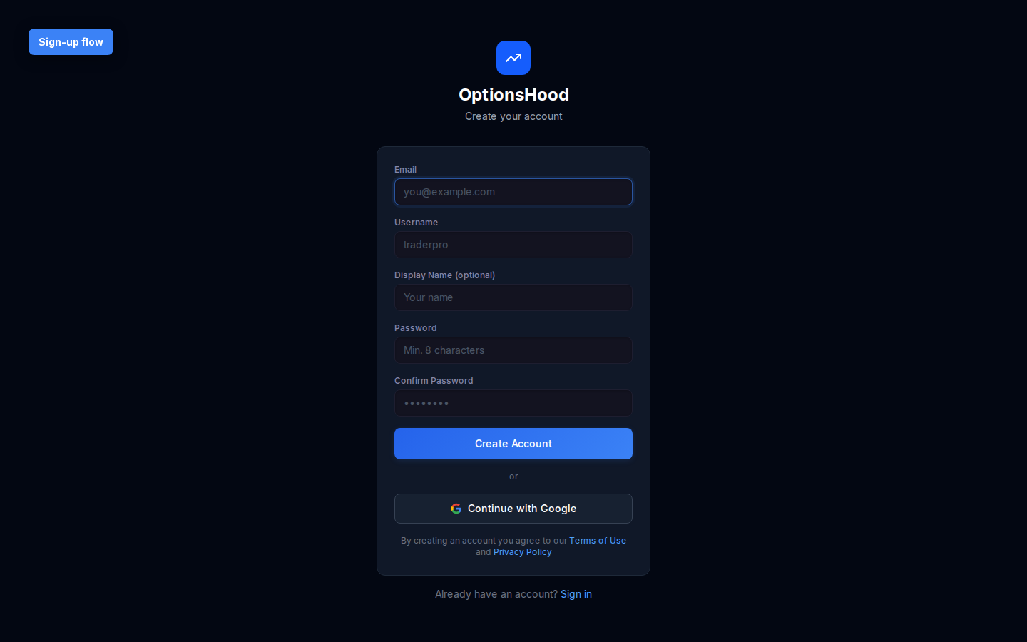 OptionsHood registration page with email and Google sign-up