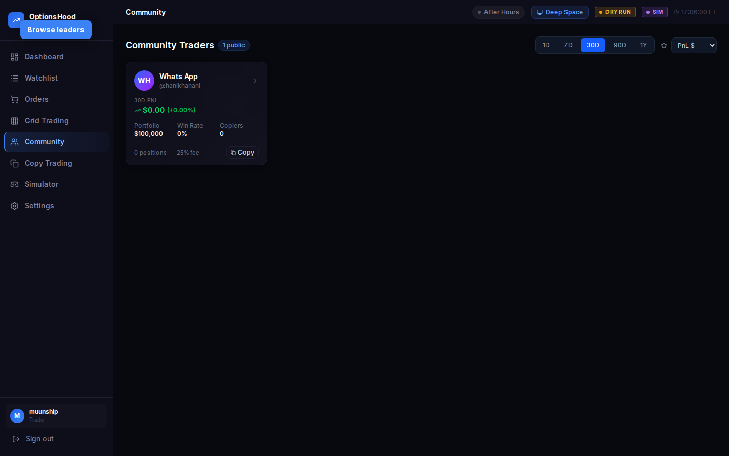 Trader profile page showing stats and equity curve
